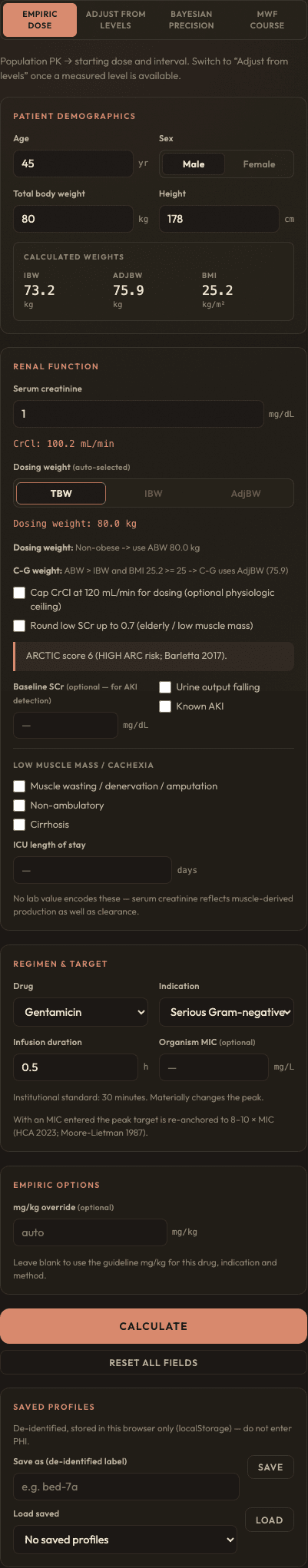 The calculator's left-hand input rail: patient demographics, calculated weights, renal function with CrCl, drug and indication, and the Calculate button