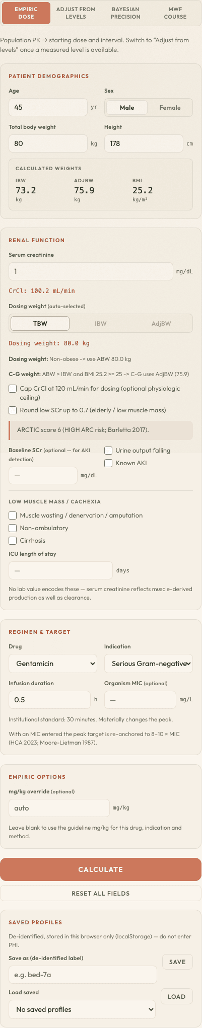 The calculator's left-hand input rail: patient demographics, calculated weights, renal function with CrCl, drug and indication, and the Calculate button