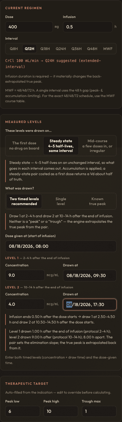 The Adjust from levels panel: current regimen, a selector for whether levels were drawn on the first dose, at steady state or mid-course, a mode selector, and two timed level entries with draw-window feedback