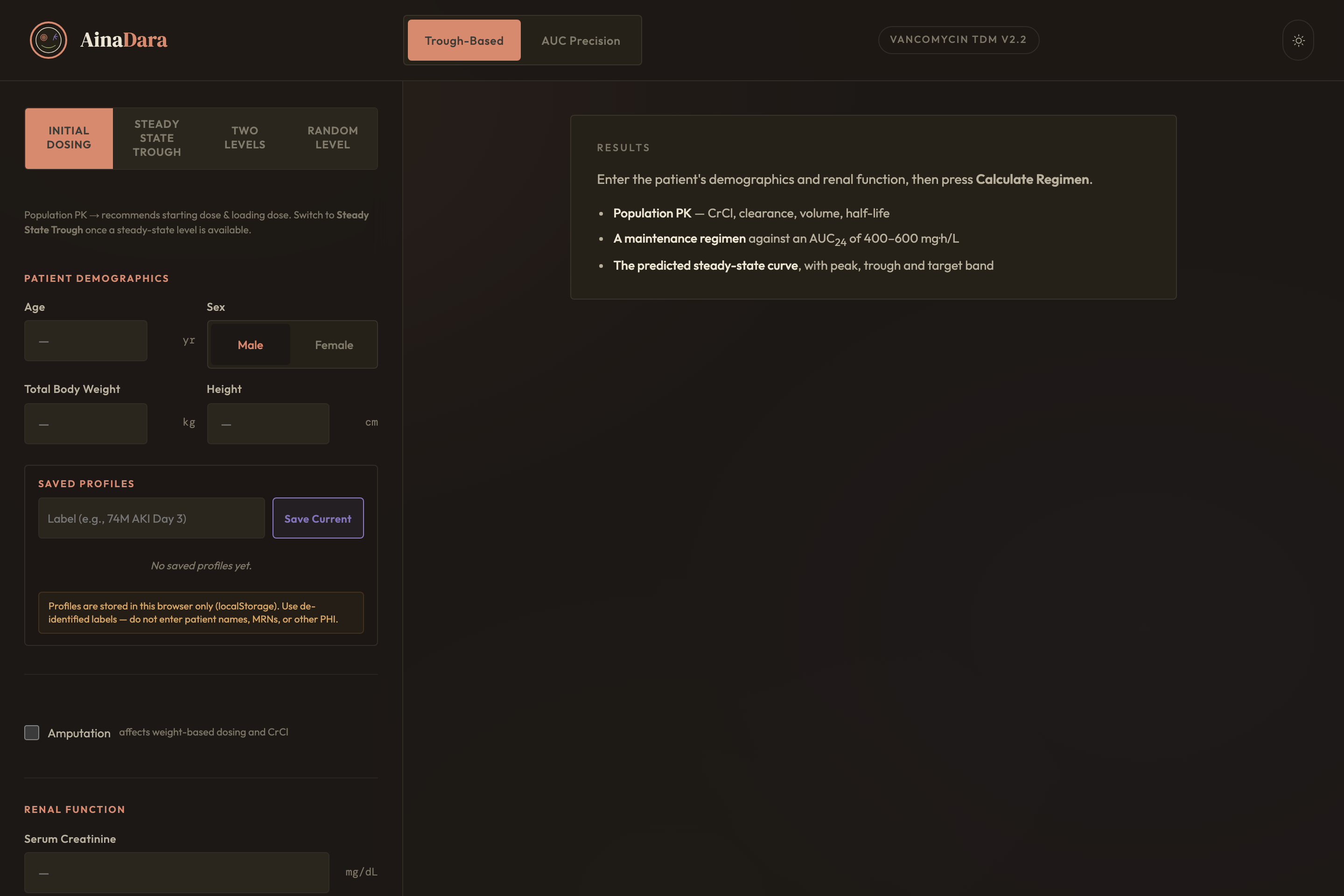 The vancomycin calculator as it opens, inputs on the left and results on the right.