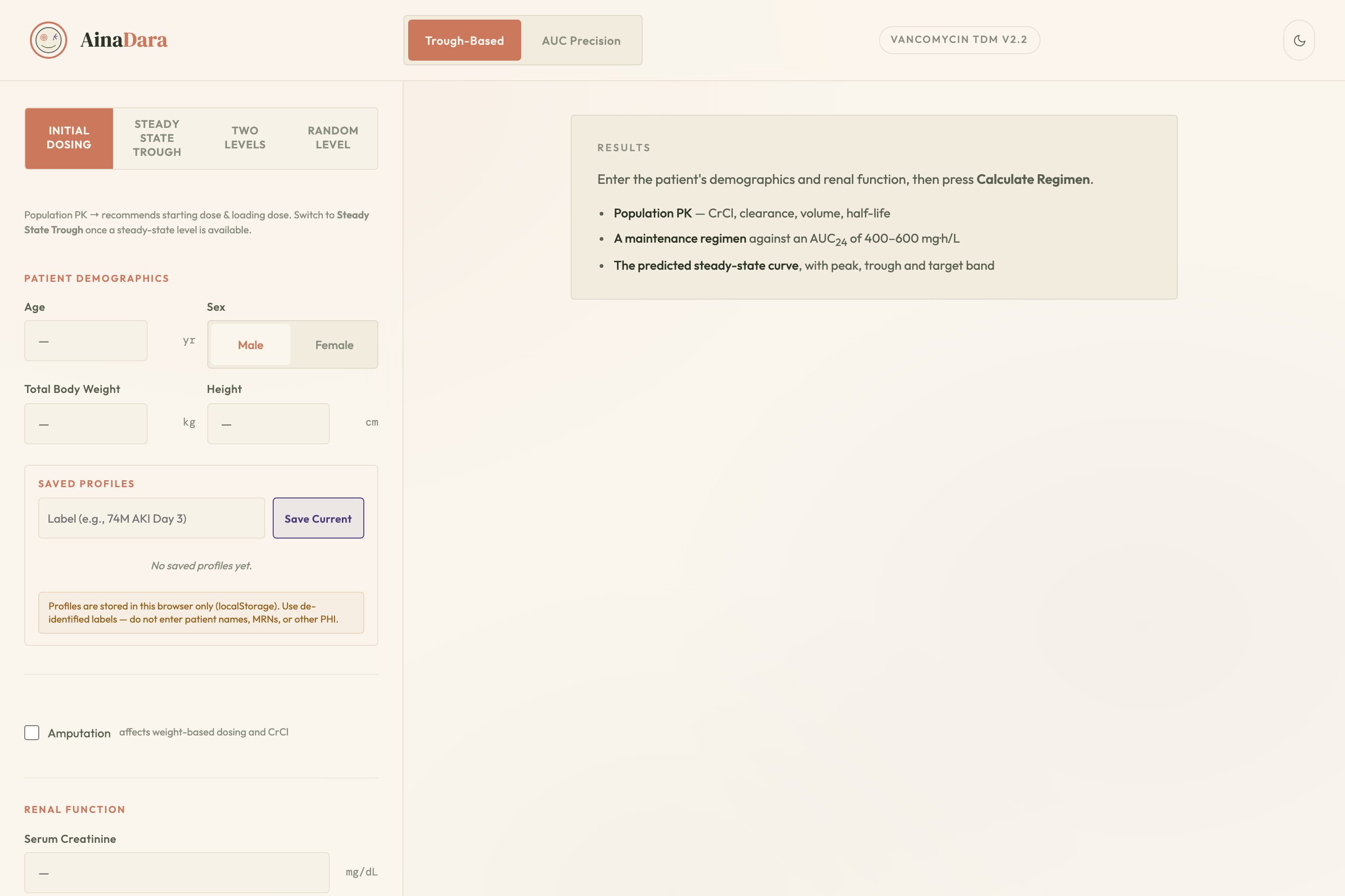 The vancomycin calculator as it opens, inputs on the left and results on the right.